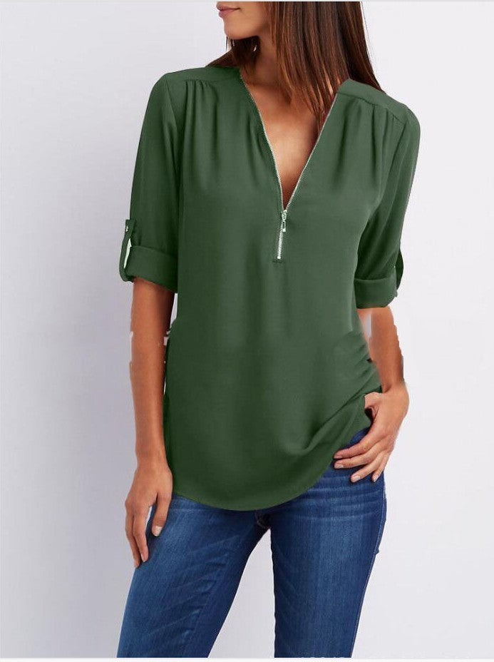 Kylie - Lightweight Zip Blouse - Solid Color