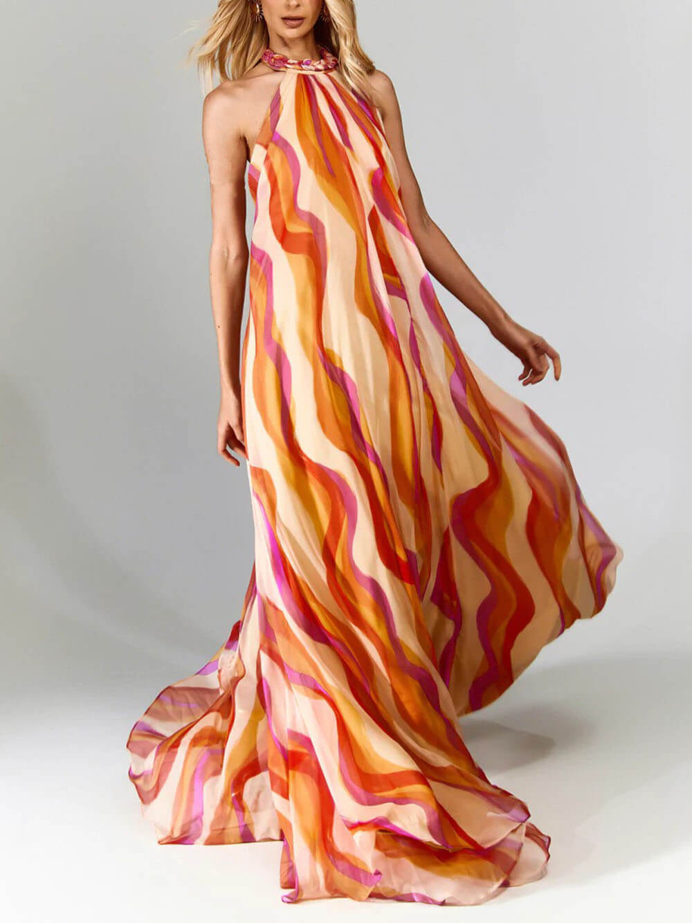 Elsa Braided Halterneck Wave Print Maxi Dress