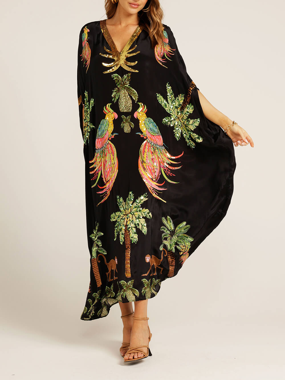Destiny Drop Shoulder Sleeve Coconut Tree Printed Dress