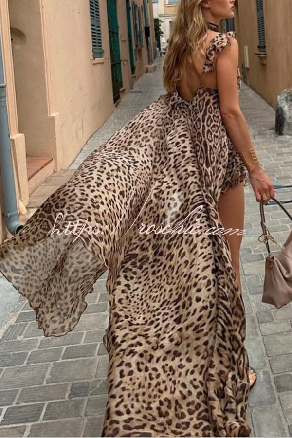 Immerse Vacation Leopard Tie-up Slit Midi Top and Elastic Waist Shorts Set (Shipped Within 24 Hours)