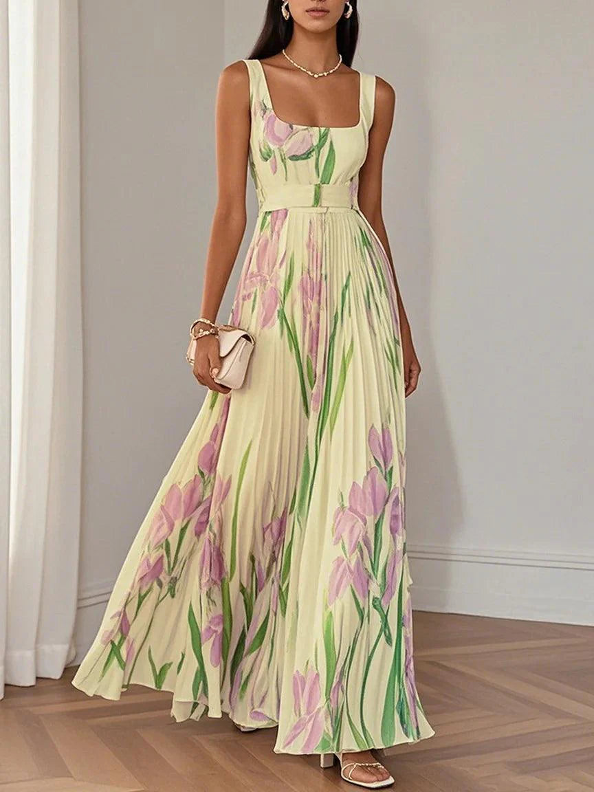 Breeze Pleated Floral Chiffon Square Neck Sleeveless A-Line Maxi Dress