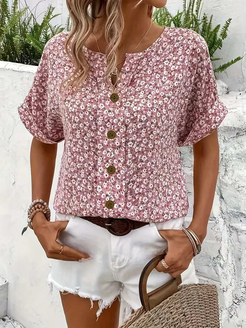 Cindy | Floral Print Notched Colour Blouse