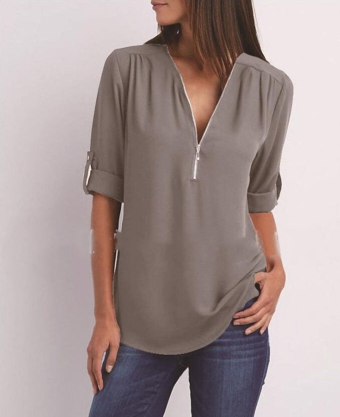 Kylie - Lightweight Zip Blouse - Solid Color