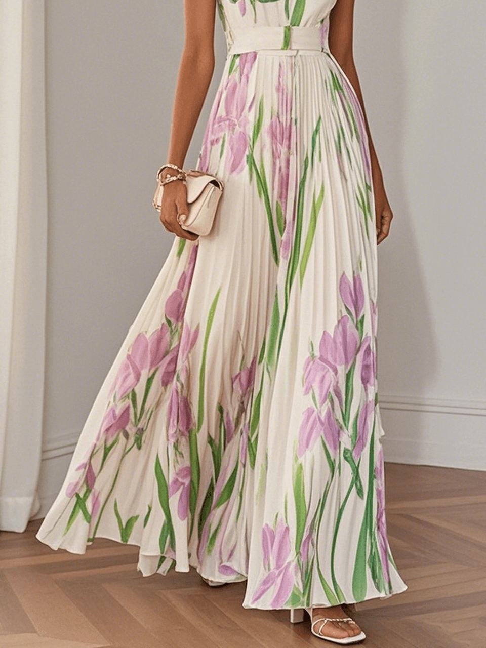 Breeze Pleated Floral Chiffon Square Neck Sleeveless A-Line Maxi Dress