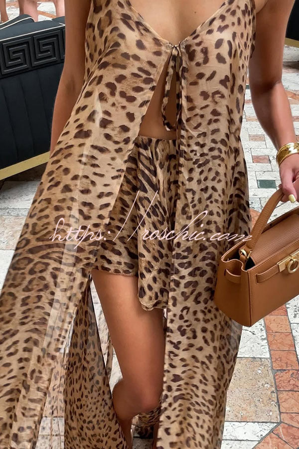 Immerse Vacation Leopard Tie-up Slit Midi Top and Elastic Waist Shorts Set (Shipped Within 24 Hours)