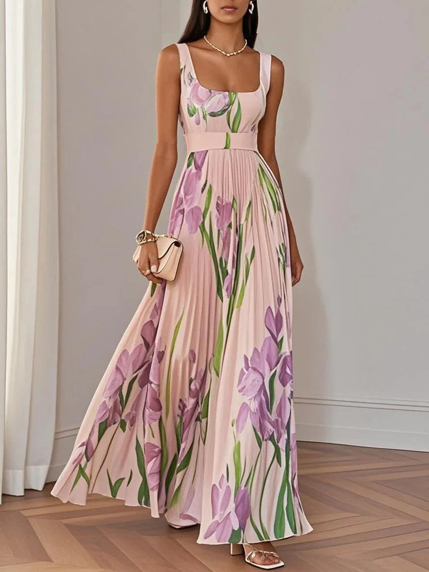 Breeze Pleated Floral Chiffon Square Neck Sleeveless A-Line Maxi Dress
