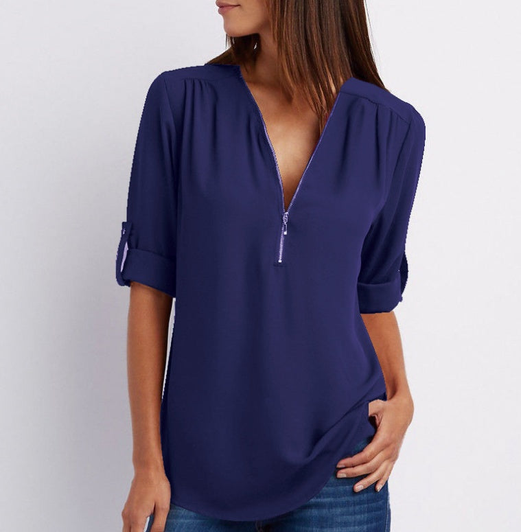 Kylie - Lightweight Zip Blouse - Solid Color
