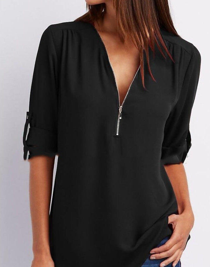 Kylie - Lightweight Zip Blouse - Solid Color