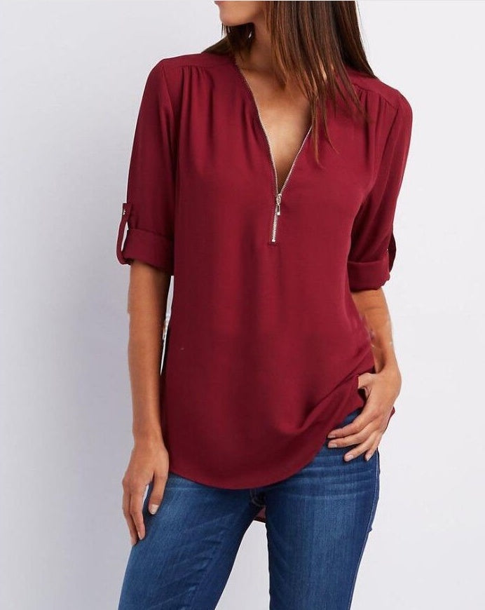 Kylie - Lightweight Zip Blouse - Solid Color