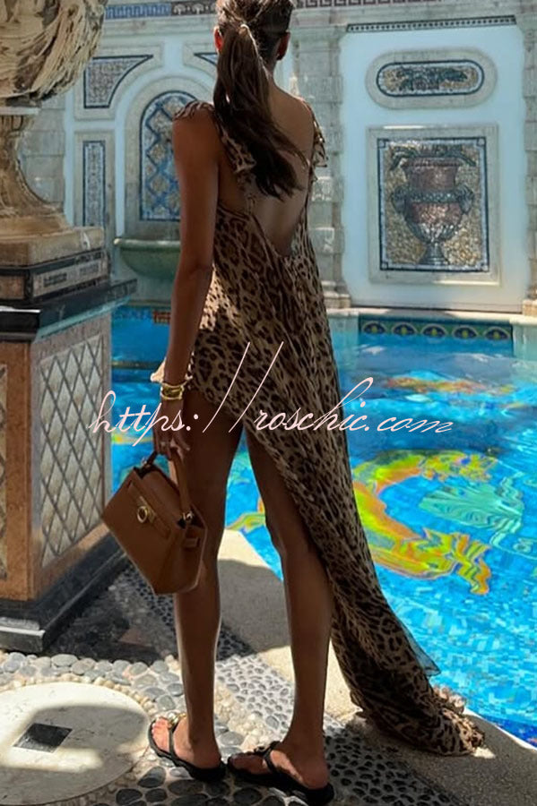 Immerse Vacation Leopard Tie-up Slit Midi Top and Elastic Waist Shorts Set (Shipped Within 24 Hours)