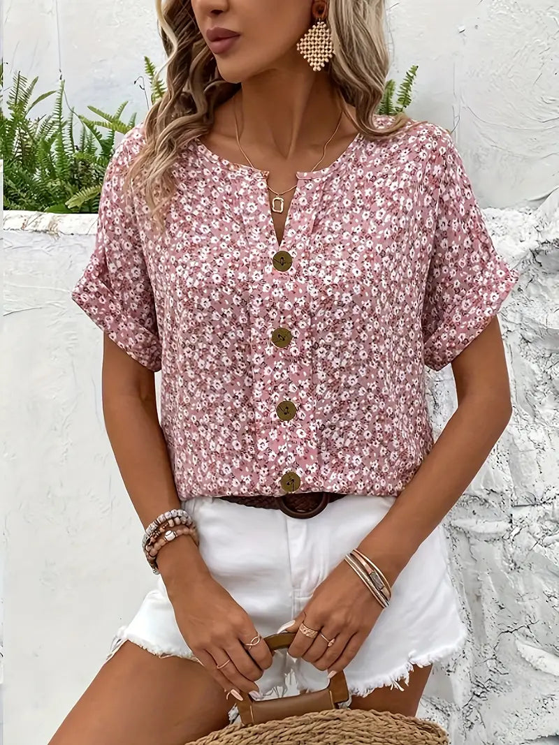 Cindy | Floral Print Notched Colour Blouse