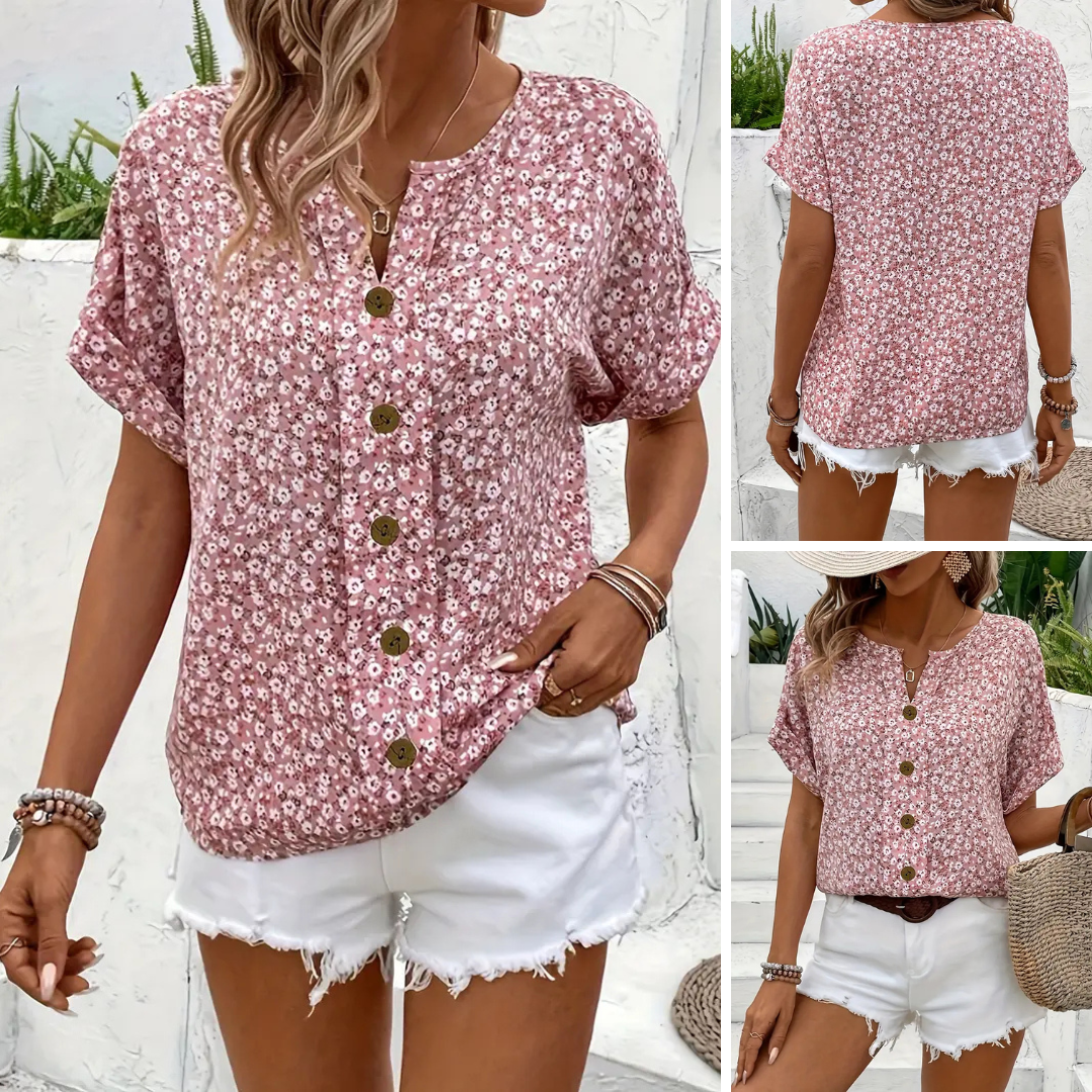 Cindy | Floral Print Notched Colour Blouse