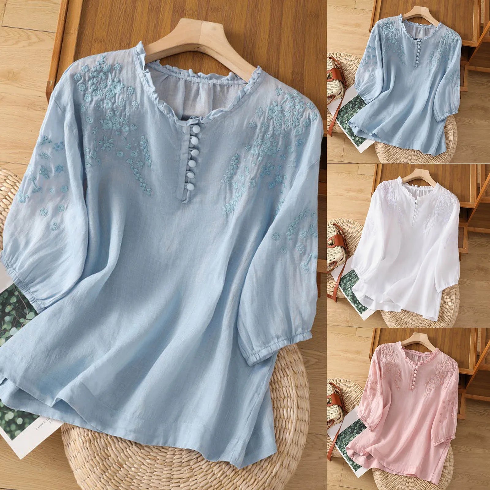 Susan| Embroidered Button-Front Blouse