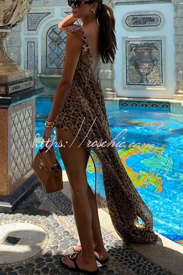 Immerse Vacation Leopard Tie-up Slit Midi Top and Elastic Waist Shorts Set (Shipped Within 24 Hours)