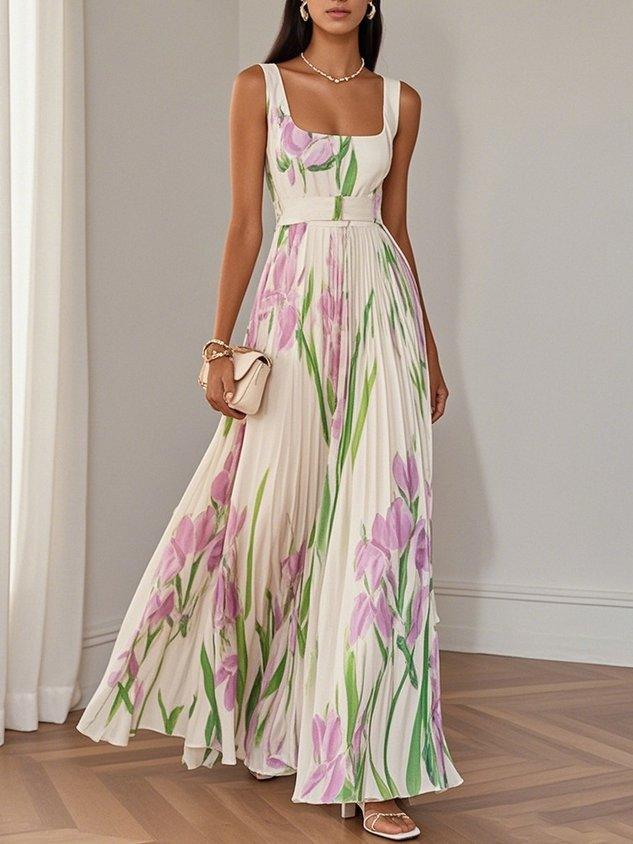 Breeze Pleated Floral Chiffon Square Neck Sleeveless A-Line Maxi Dress