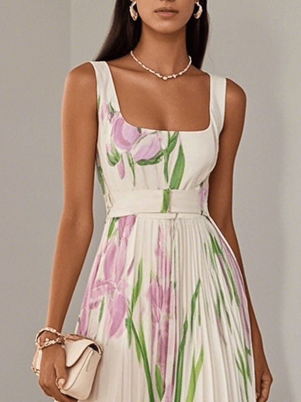 Breeze Pleated Floral Chiffon Square Neck Sleeveless A-Line Maxi Dress