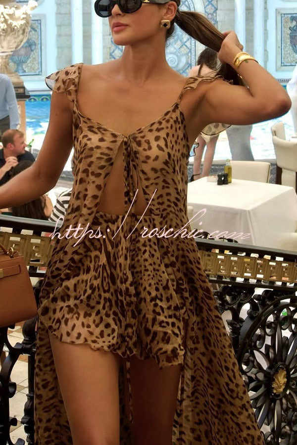 Immerse Vacation Leopard Tie-up Slit Midi Top and Elastic Waist Shorts Set (Shipped Within 24 Hours)