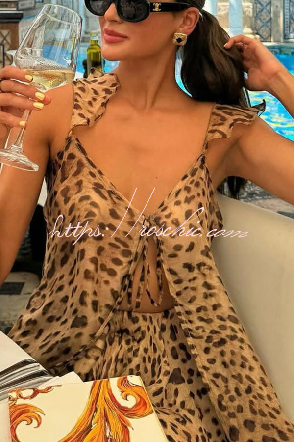 Immerse Vacation Leopard Tie-up Slit Midi Top and Elastic Waist Shorts Set (Shipped Within 24 Hours)