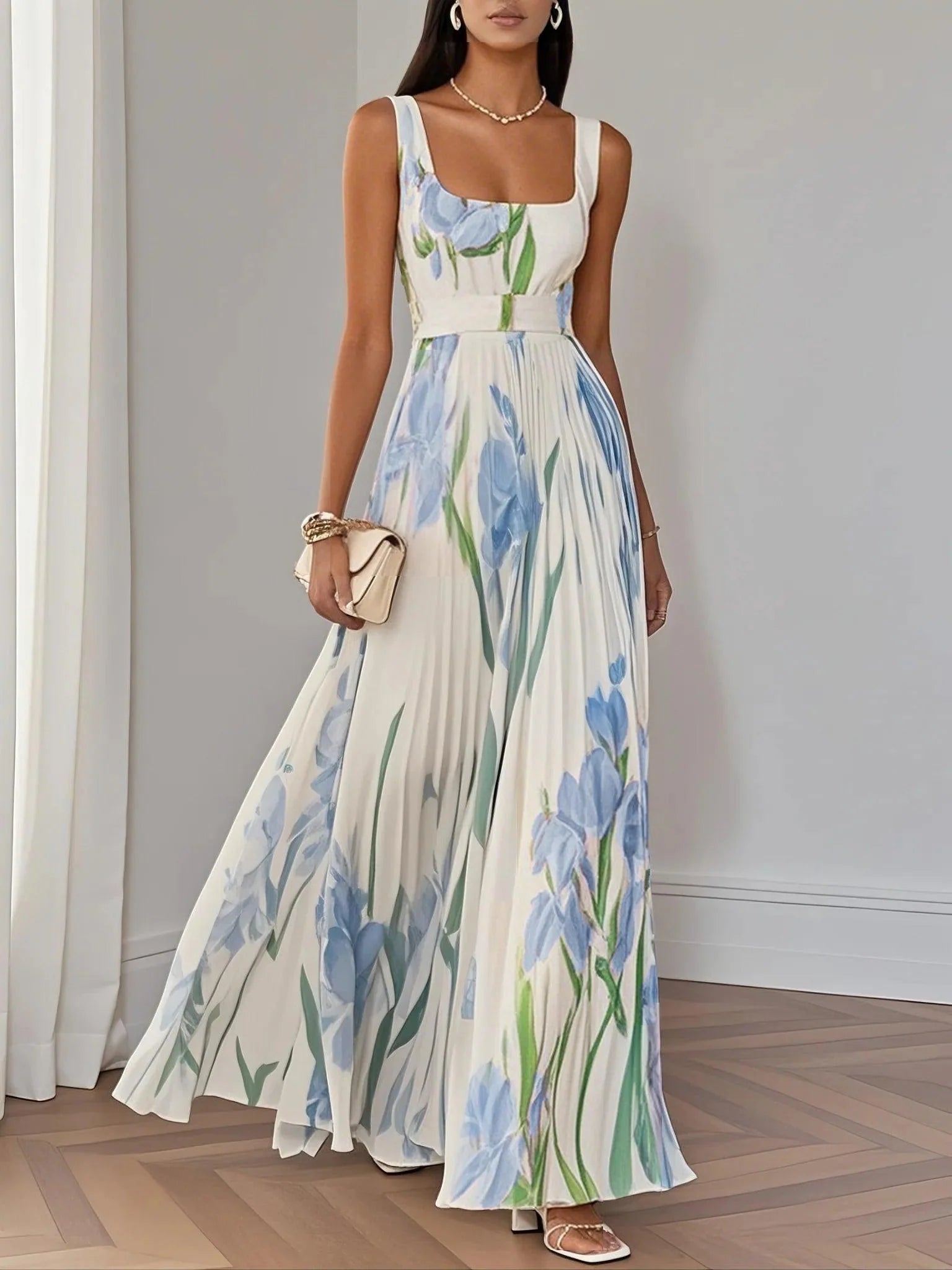 Breeze Pleated Floral Chiffon Square Neck Sleeveless A-Line Maxi Dress