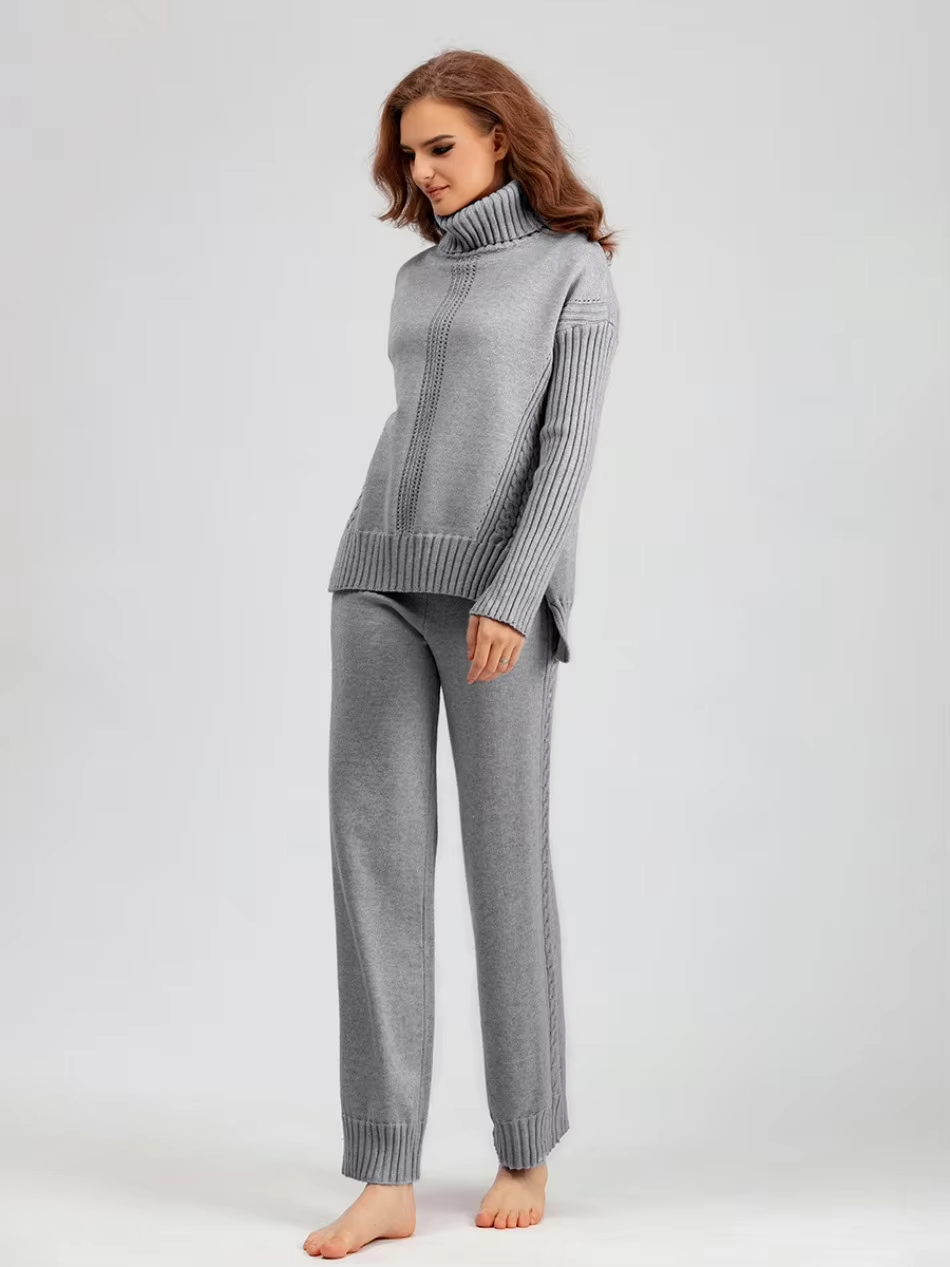 Illia - Stylish High-neck Pullover Sweater with Loose Pants Set