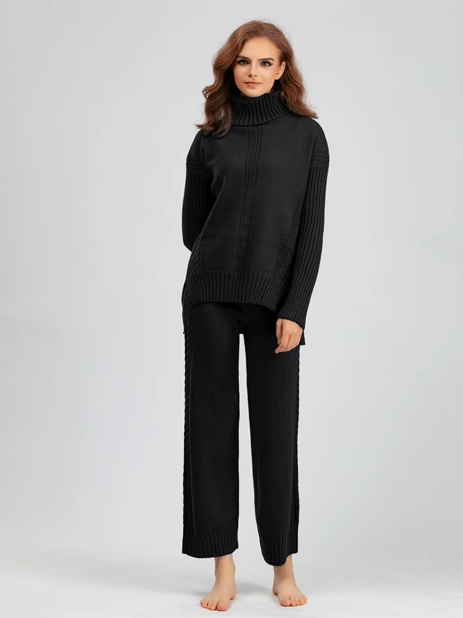 Illia - Stylish High-neck Pullover Sweater with Loose Pants Set