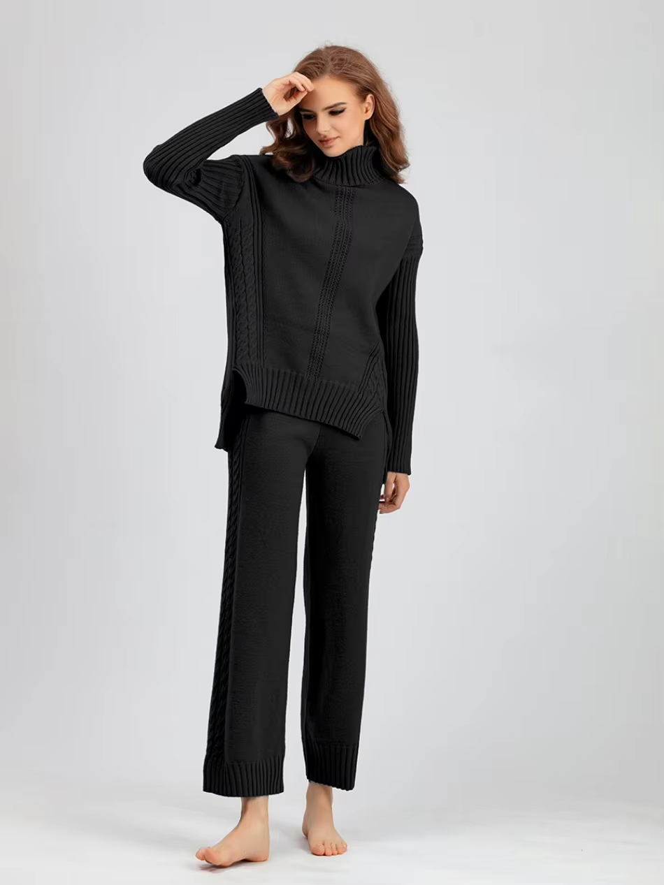 Illia - Stylish High-neck Pullover Sweater with Loose Pants Set