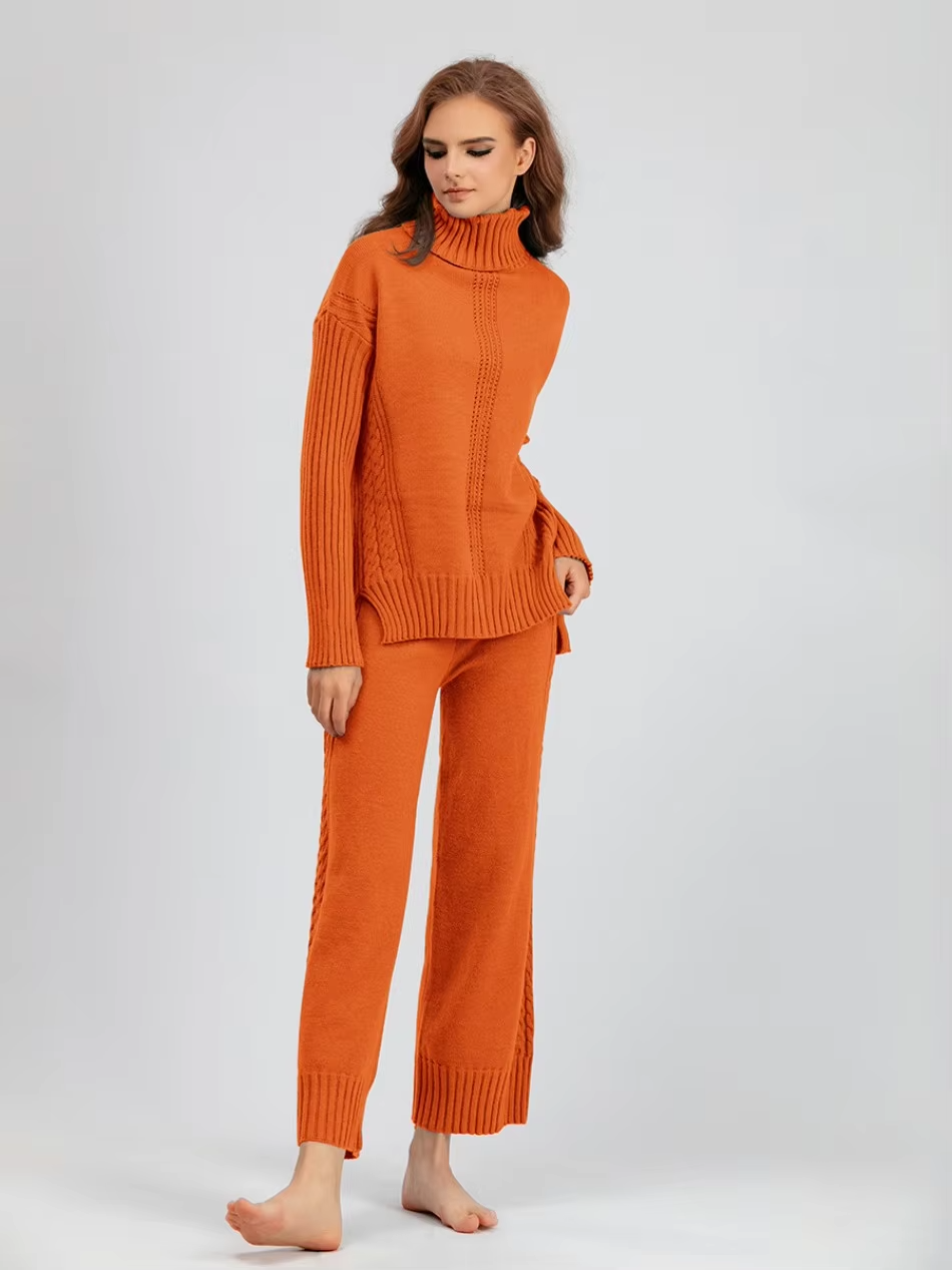 Illia - Stylish High-neck Pullover Sweater with Loose Pants Set