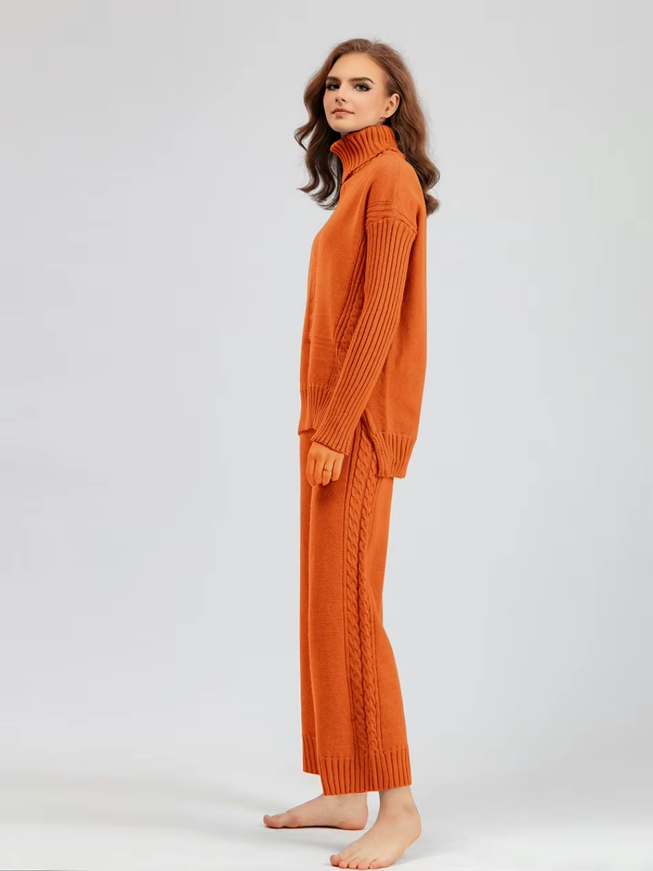Illia - Stylish High-neck Pullover Sweater with Loose Pants Set