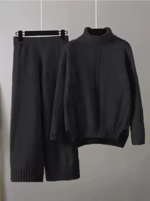 Illia - Stylish High-neck Pullover Sweater with Loose Pants Set