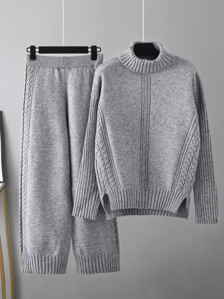 Illia - Stylish High-neck Pullover Sweater with Loose Pants Set