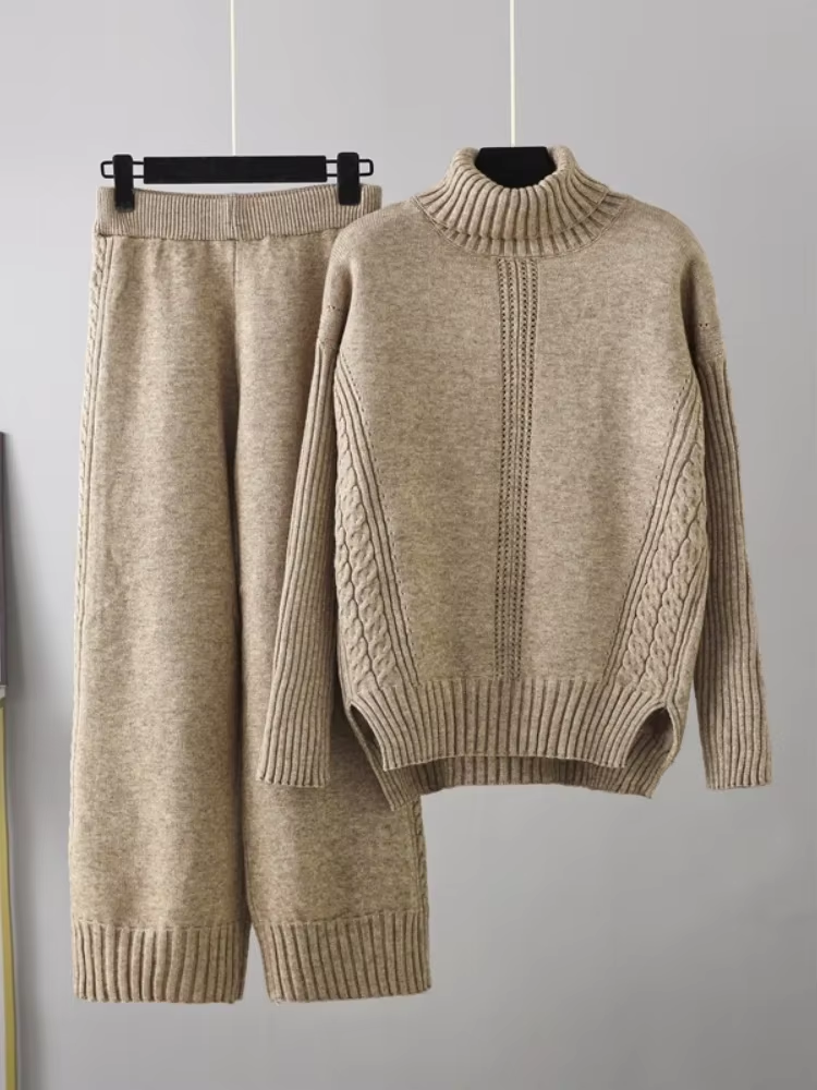 Illia - Stylish High-neck Pullover Sweater with Loose Pants Set