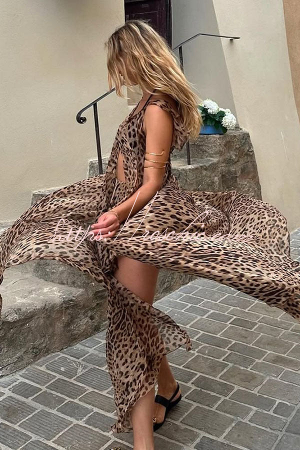 Immerse Vacation Leopard Tie-up Slit Midi Top and Elastic Waist Shorts Set (Shipped Within 24 Hours)