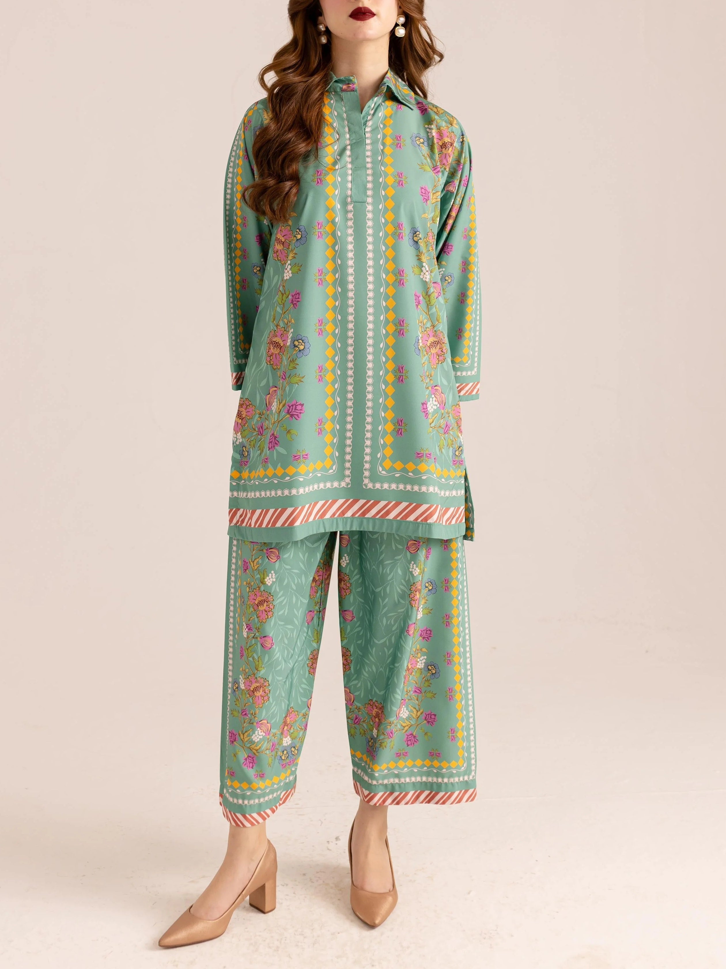 Playful Pattern Mix Pastel Green Floral Co-ord Set