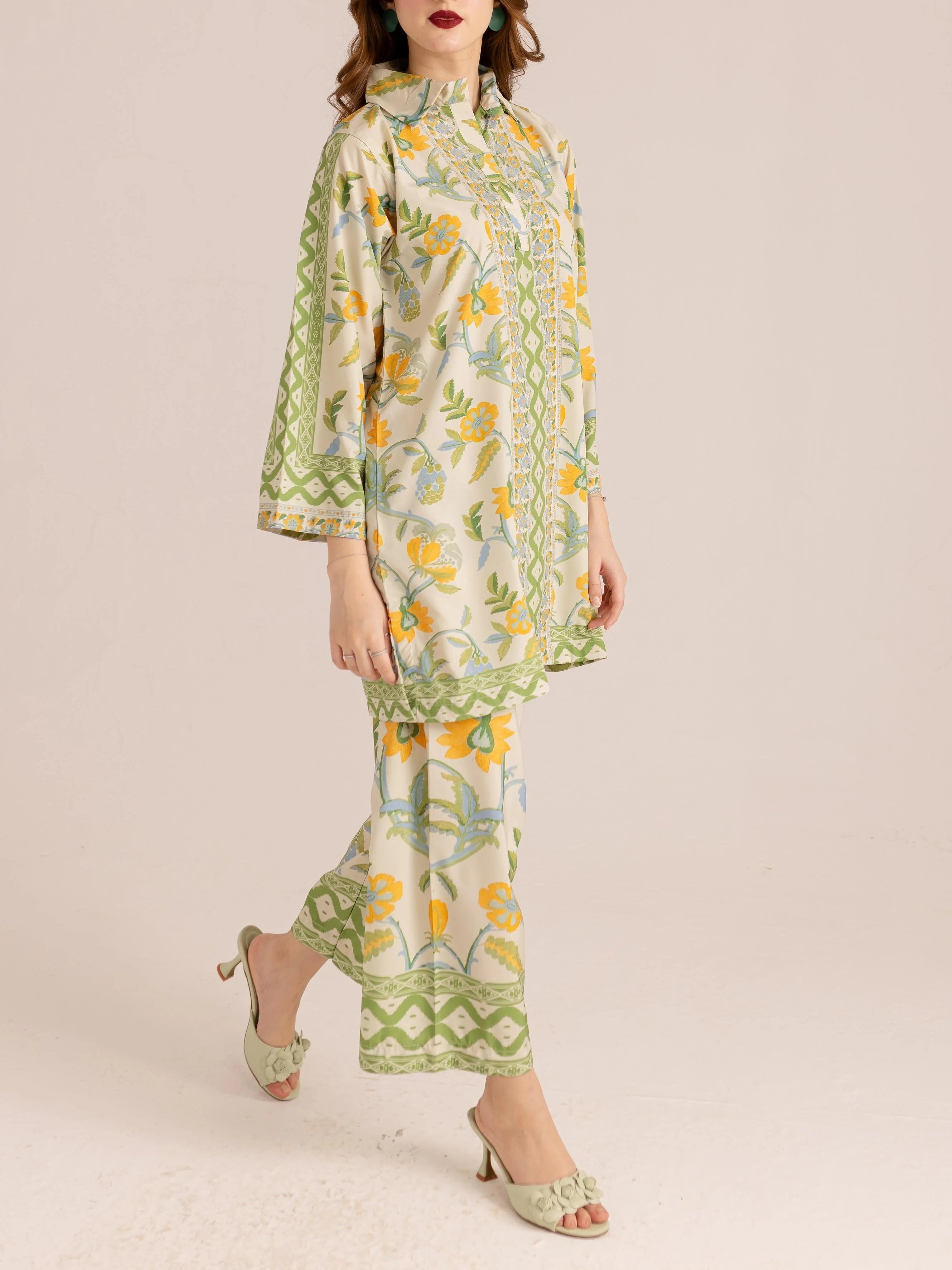 Green Trim Details Bohemian Floral Print Co-ord Set