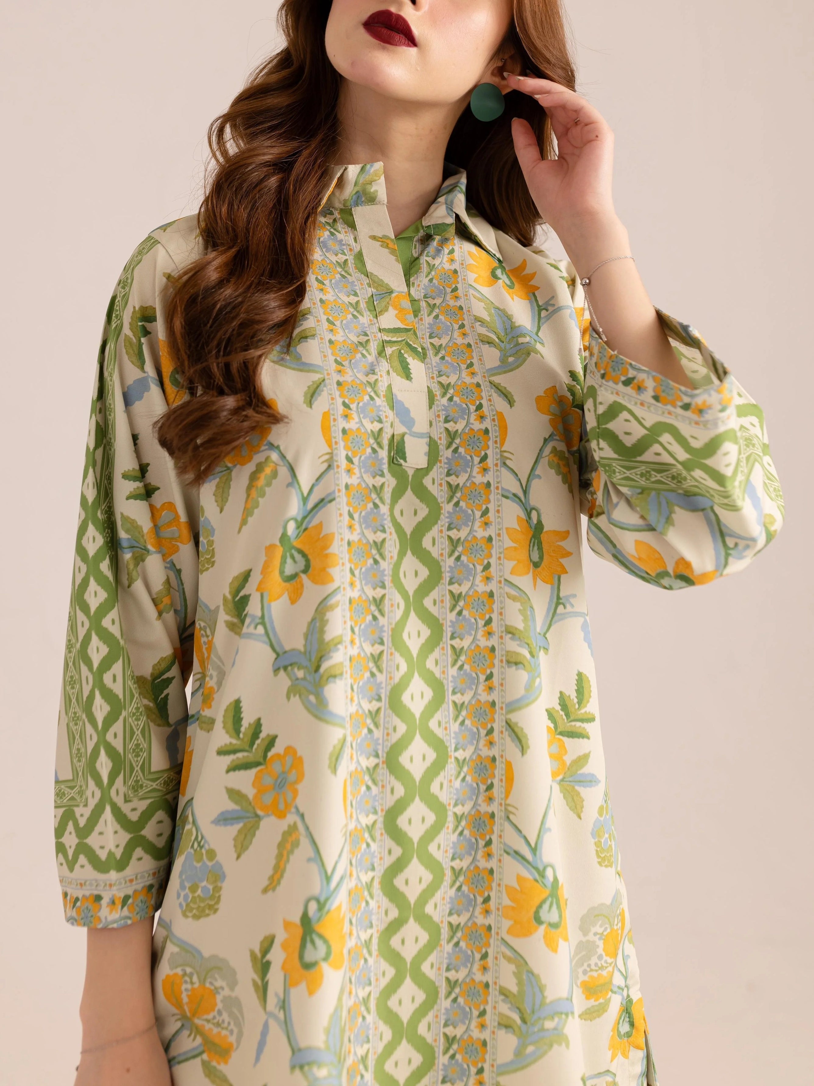 Green Trim Details Bohemian Floral Print Co-ord Set