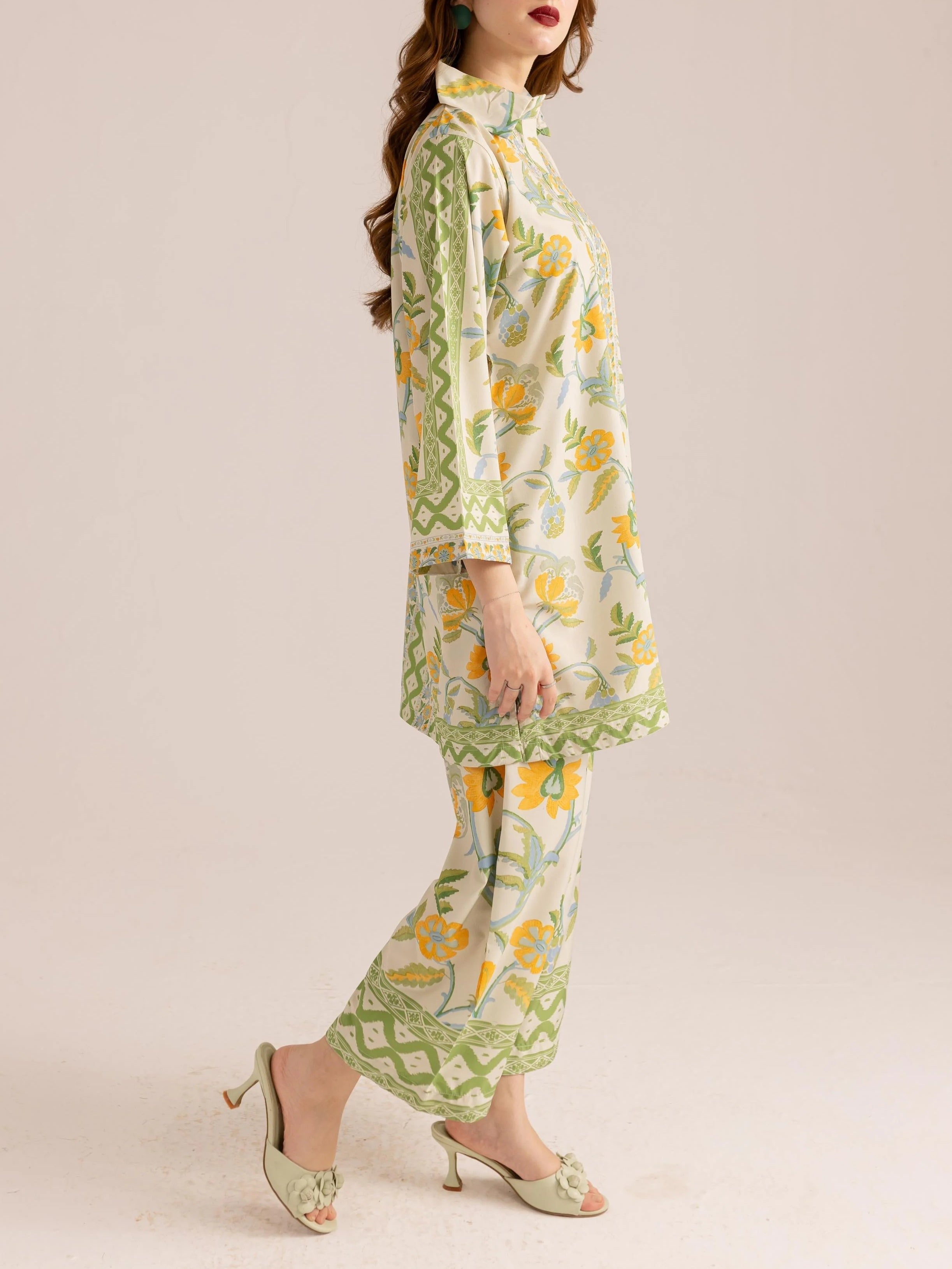 Green Trim Details Bohemian Floral Print Co-ord Set