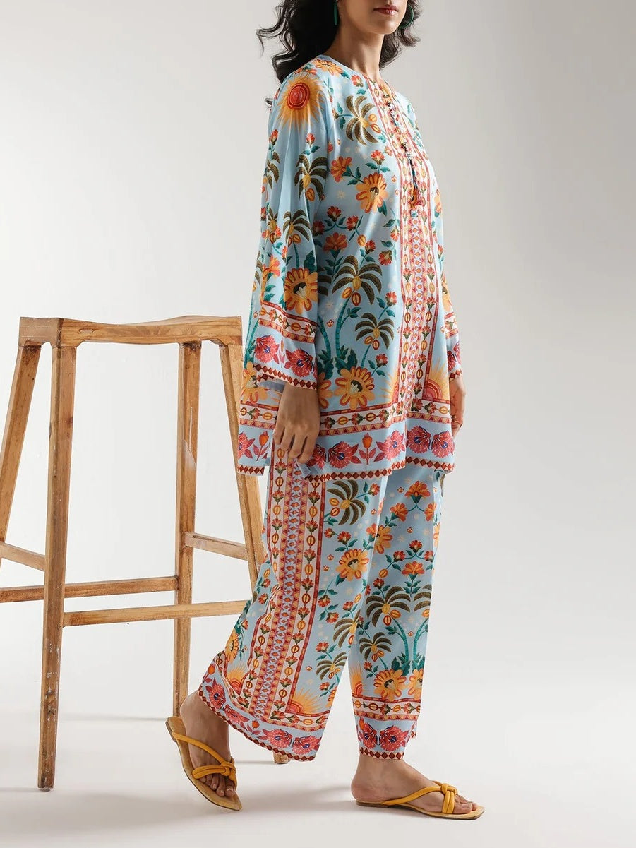 Exquisite Charming Pastel Blue Floral Print Two-piece Set