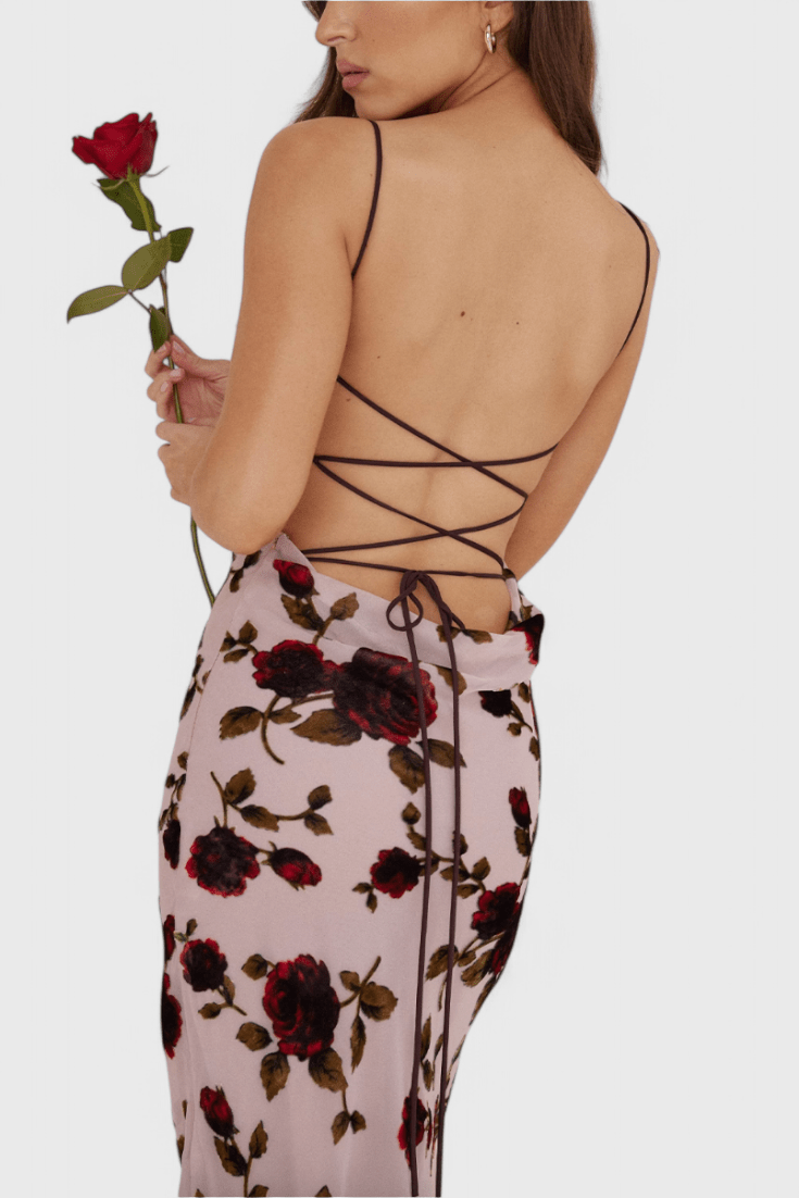 Irina | Satin Slip Dress with Floral Print & Open Back