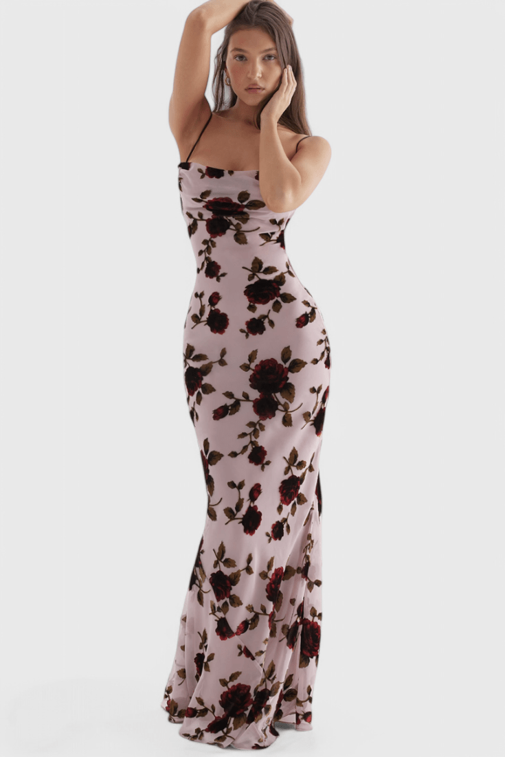 Irina | Satin Slip Dress with Floral Print & Open Back