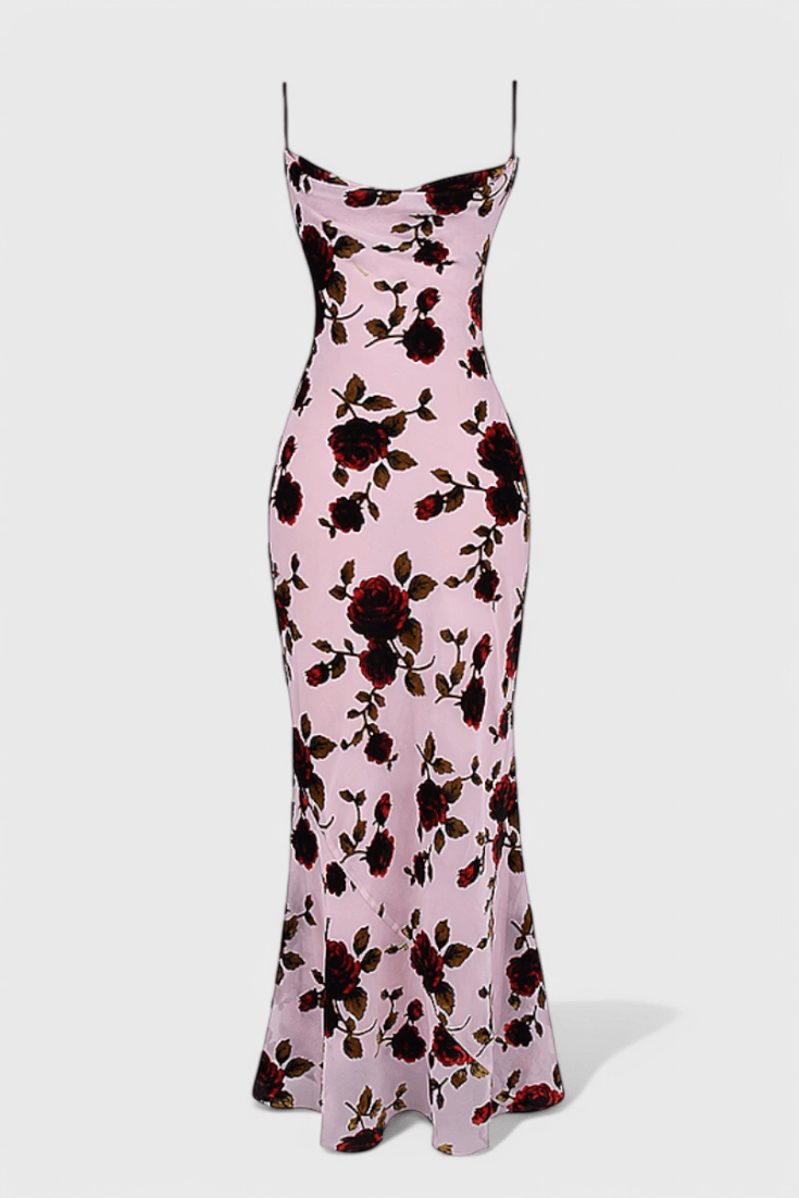 Irina | Satin Slip Dress with Floral Print & Open Back