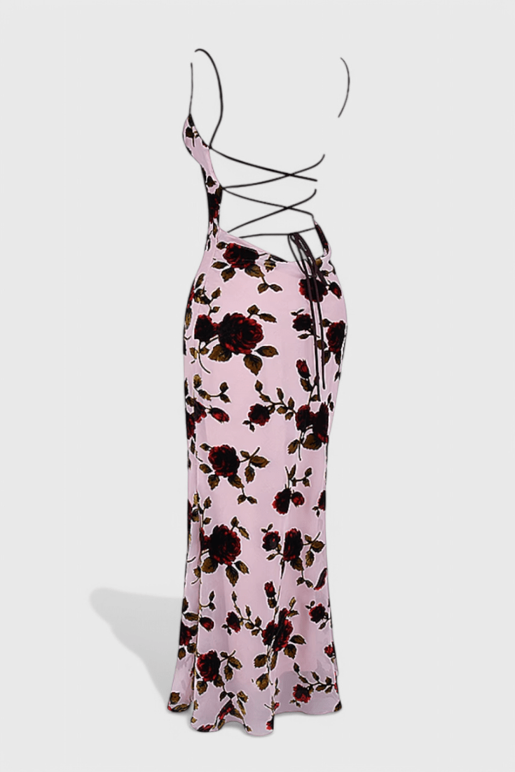 Irina | Satin Slip Dress with Floral Print & Open Back