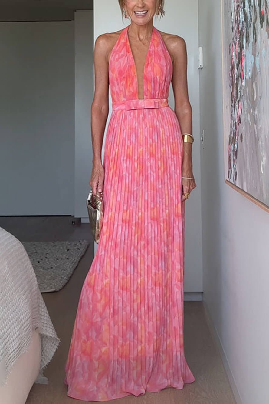 Isla | Pleated Halter Backless Maxi Dress