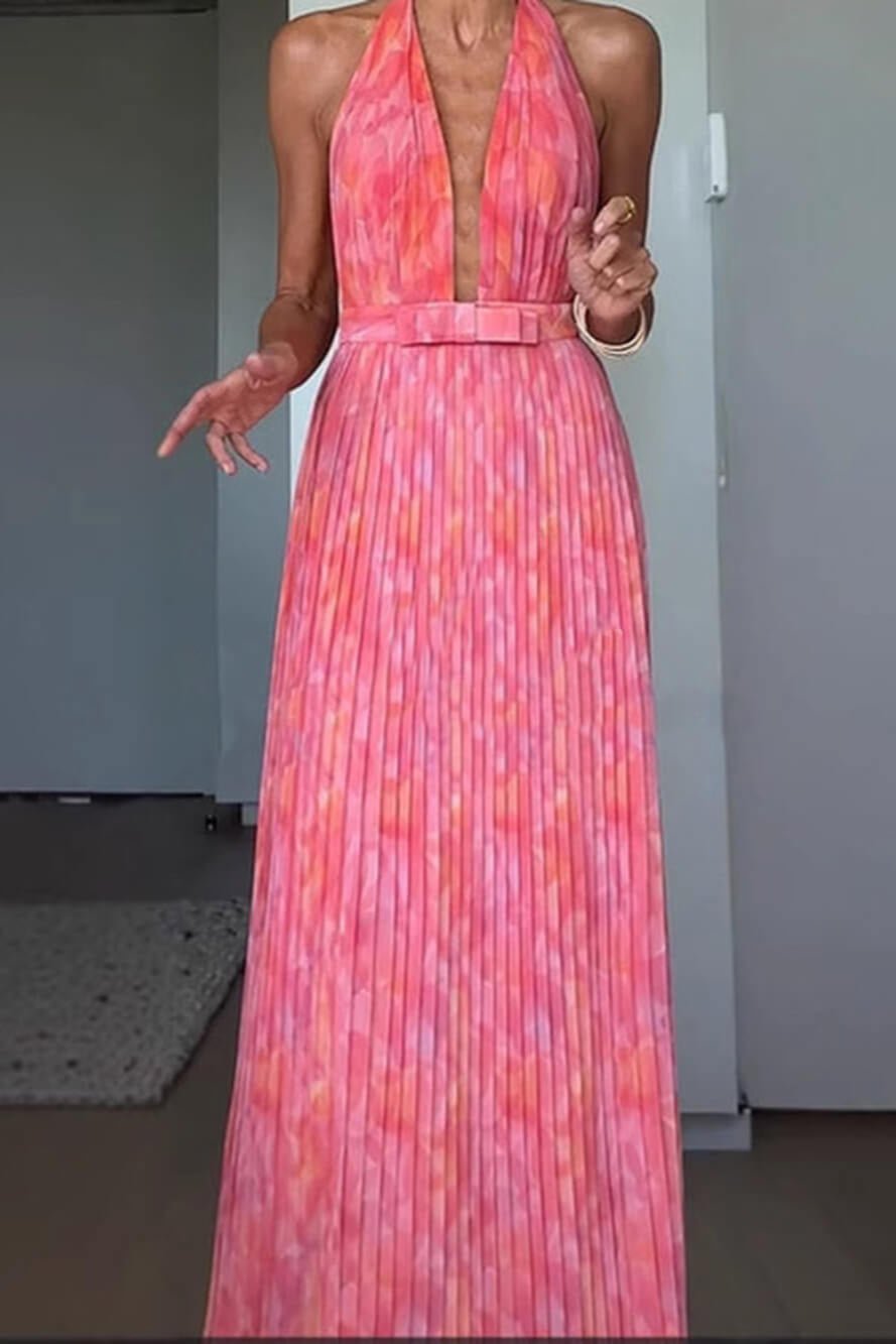 Isla | Pleated Halter Backless Maxi Dress
