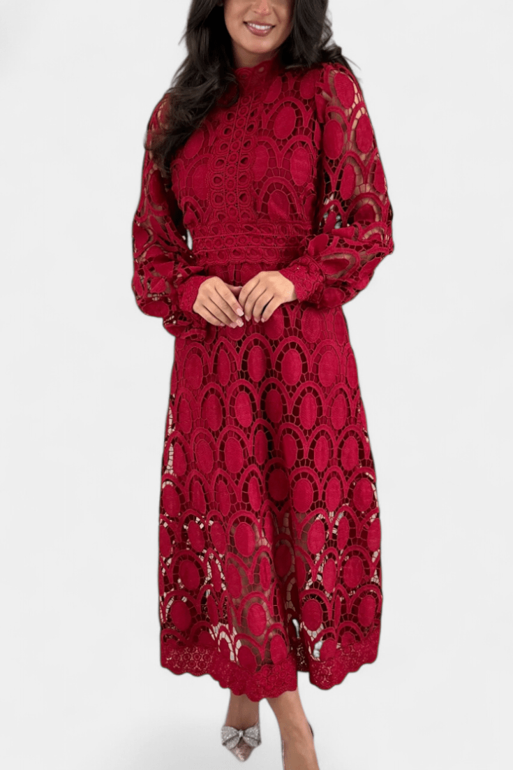 Jovie | Embroidered Lace High-Neck Midi Dress