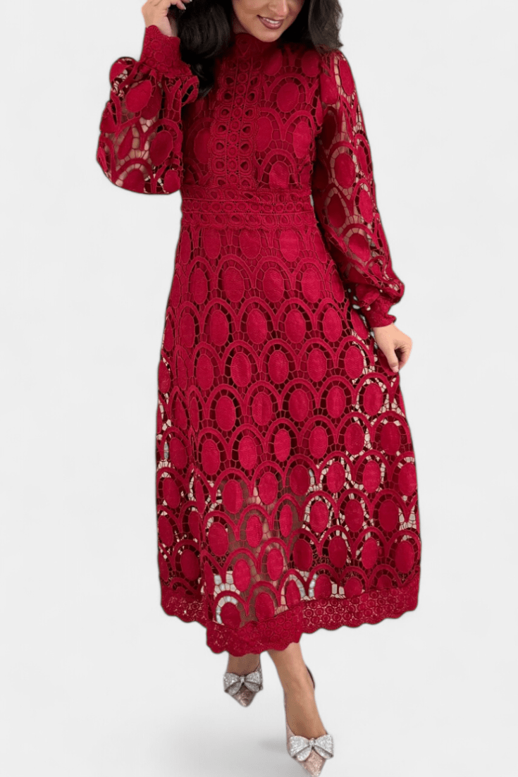 Jovie | Embroidered Lace High-Neck Midi Dress