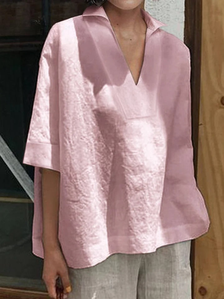 Verena - Solid V-neck Loose Mid-Sleeve Shirt