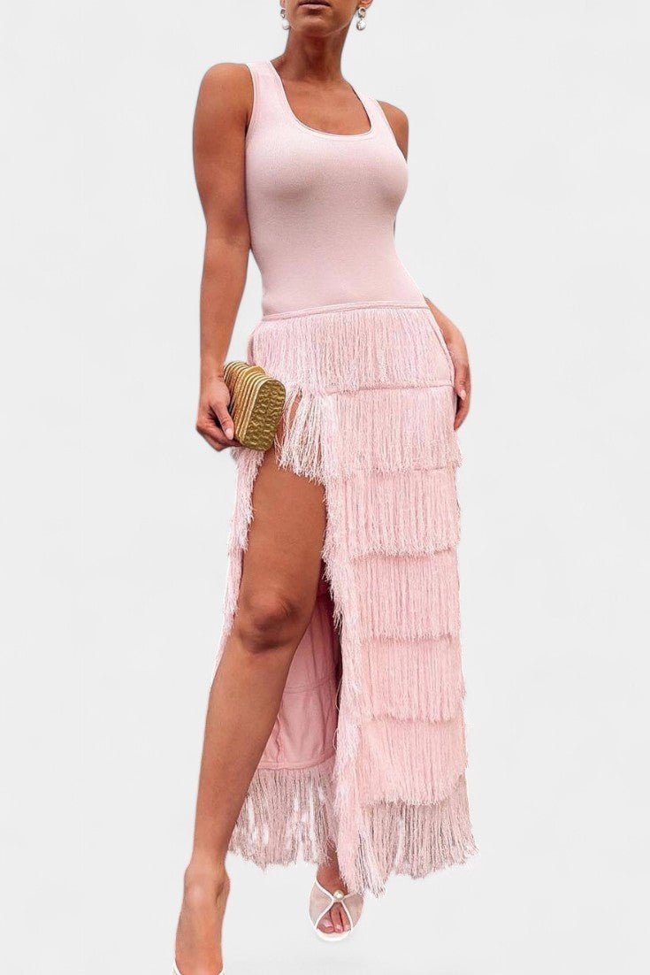 Kalani | Layered Fringe Side-Slit Maxi Dress