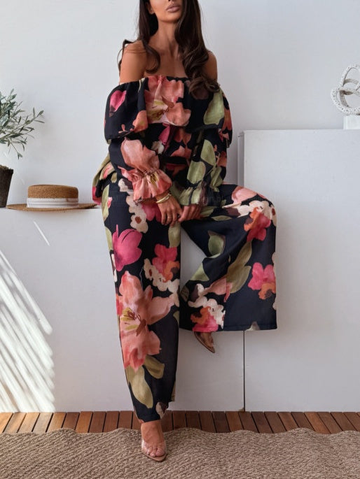 Unique Casual Print Loose Black Flowers Set