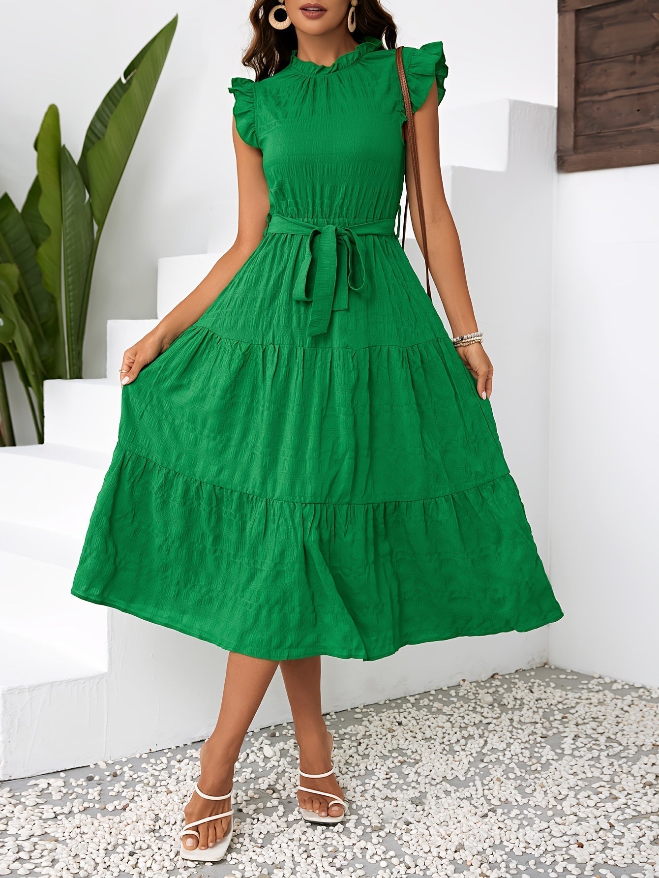 Lily | Belted Ruffle Mock Neck Dress