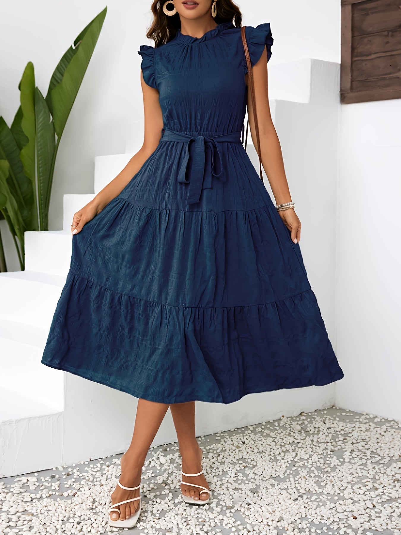 Lily | Belted Ruffle Mock Neck Dress